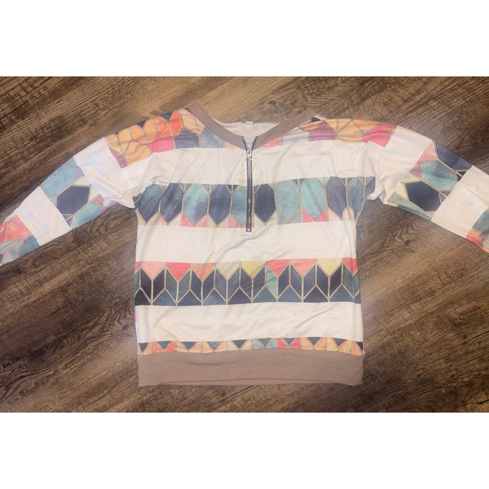 Exclusive Geometric Print Quarter Zip Pullover Top Multi-Color Size L